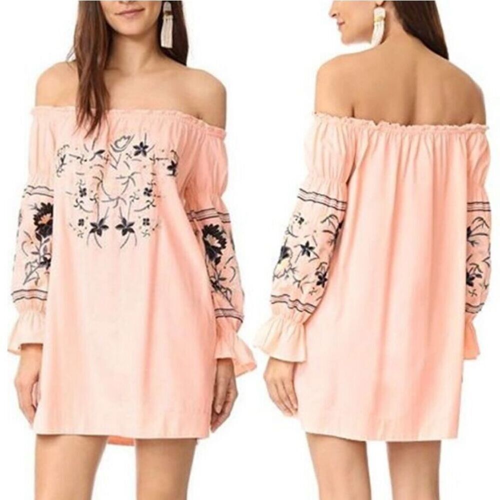 Free People Fleur Du Jour Embroidered Tunic Mini Dress Off Shoulder size Small
